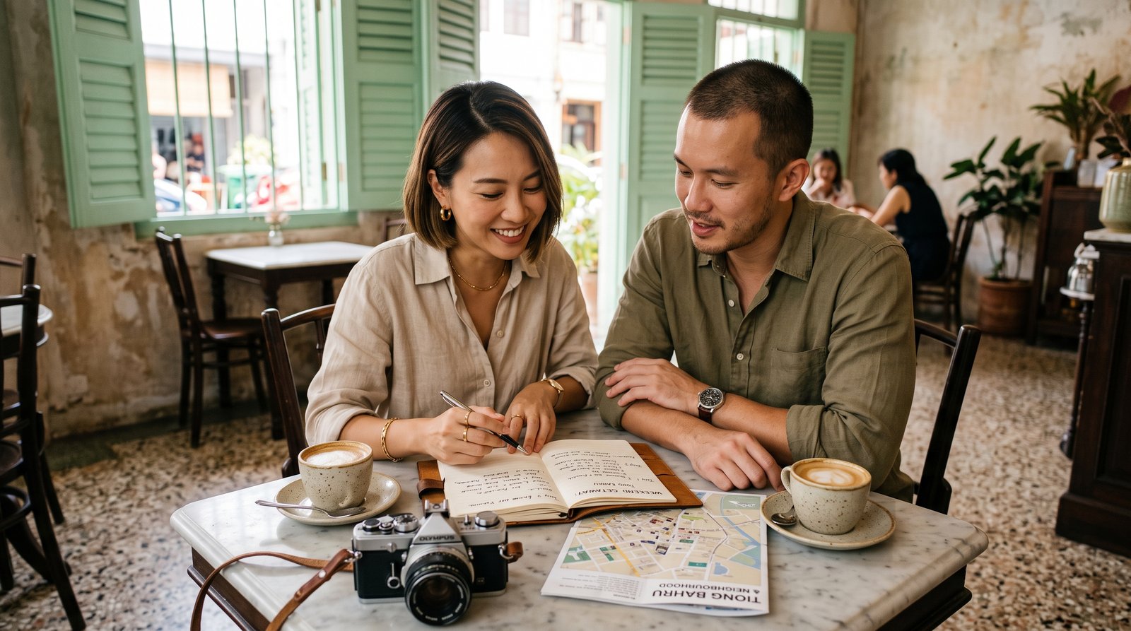 Couple planning a 48-hour Singapore staycation itinerary over coffee in a heritage Tiong Bahru shophouse cafe