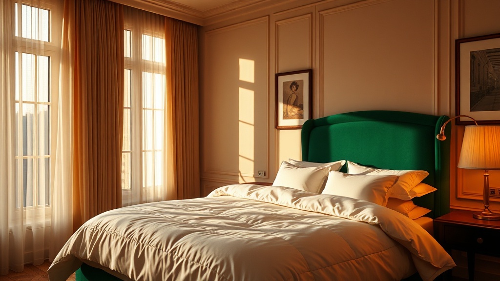 Serene boutique hotel bedroom with golden-hour light, emerald velvet headboard and crisp white linens — why boutique hotels offer better sleep
