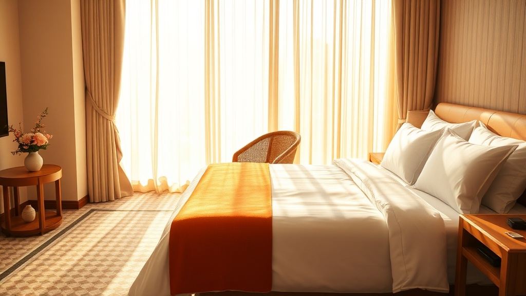 Warm sunlit boutique hotel room in Singapore with crisp white linens, terracotta throw, Peranakan tile details, rattan armchair, and fresh tropical flowers on the nightstand