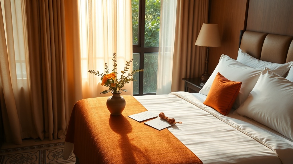 Warm sunlit boutique hotel room in Singapore with crisp white linens, terracotta throw, Peranakan tile details, and fresh tropical flowers on the nightstand
