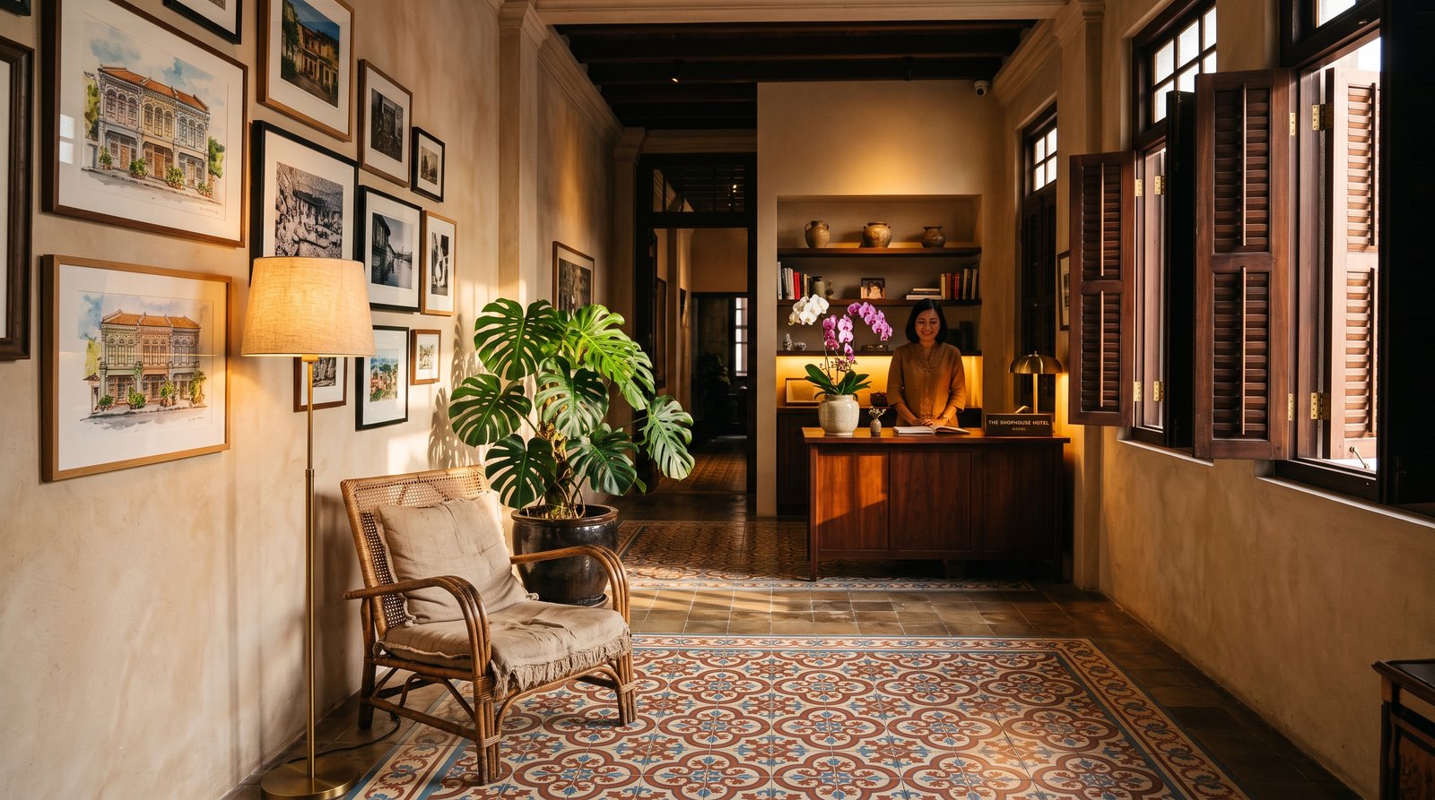 Intimate boutique hotel lobby in a restored Singapore shophouse with rattan armchair and Peranakan floor tiles