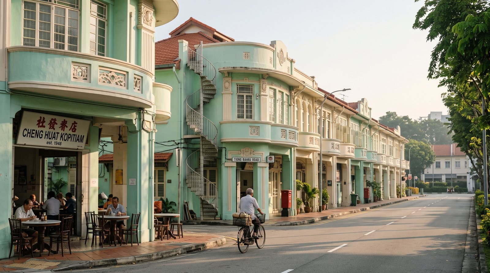 Pastel Art Deco shophouses and corner kopitiam on a quiet Tiong Bahru street in Singapore at morning