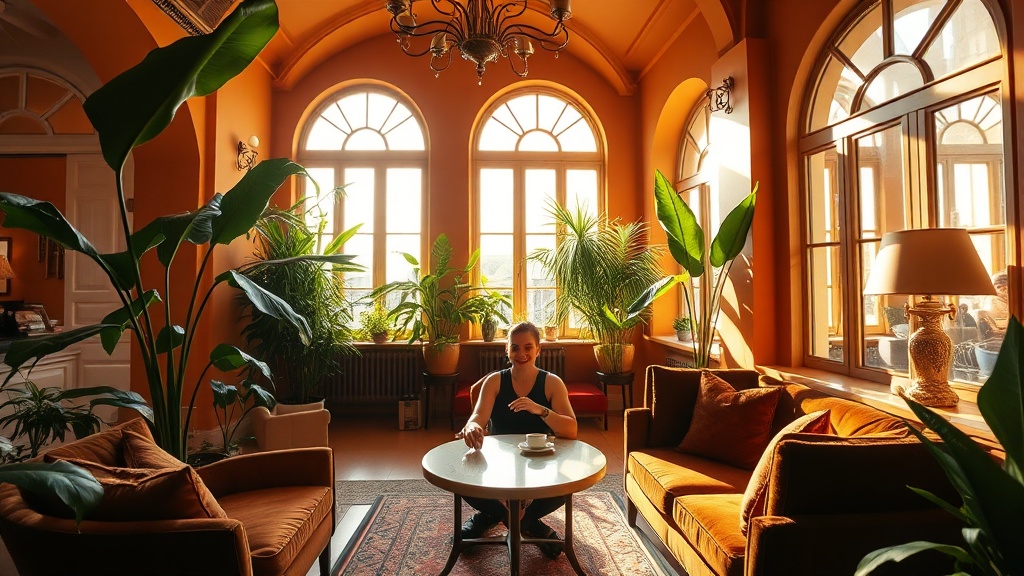 Guest relaxing in the sunlit lobby of a boutique hotel in Lisbon — warm terracotta tones, lush greenery, and natural light